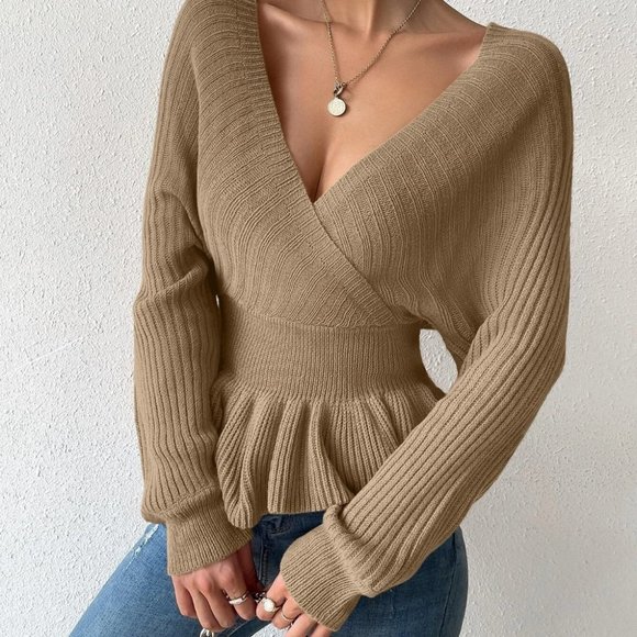 . Sweaters - Khaki Preppy Womens Peplum Sweater